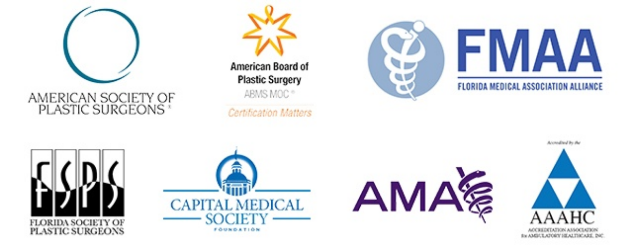 Credentials logos American Society of Plastic Surgeons, American Board of Plastic Surgery, Florida Medical Association Alliance, Florida Society of Plastic Surgeons, Capital Medical Society Foundation, AMA and Accreditation Association for Ambulatory Healthcare, Inc.