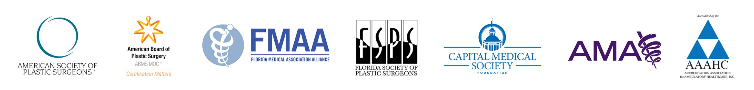 Credentials logos American Society of Plastic Surgeons, American Board of Plastic Surgery, Florida Medical Association Alliance, Florida Society of Plastic Surgeons, Capital Medical Society Foundation, AMA and Accreditation Association for Ambulatory Healthcare, Inc.