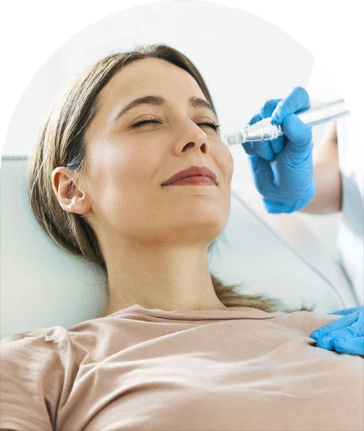 A smiling woman receiving an eye injection