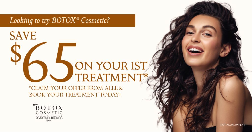 Save $65 of your first BOTOX Cosmetic treatment - claim you offer from Alle and book your treatment today!