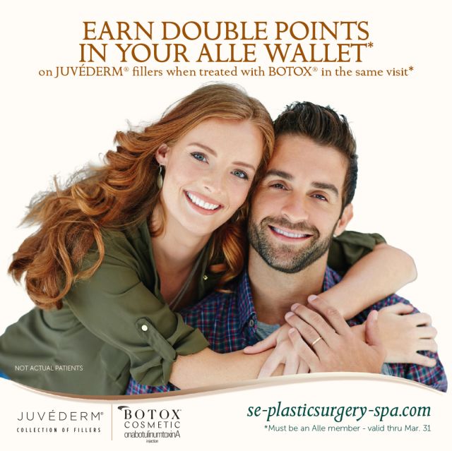Lucky You 🍀
Earn Double Points in your Alle wallet on JUVÉDERM fillers when treated with BOTOX in the same visit!
Call us at 850.783.4711 to make your appointment today. OFFER EXPIRES  3/29/24.
🍀Must be an Allē Member to earn double points. 🍀

�Not an Alle member? Click to join today! https://alle.com/registration