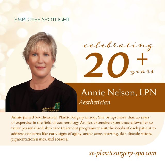 We recently celebrated the 20th anniversary of Annie Nelson, L.P.N., one of our Licensed Skin Care Professionals.

Annie joined Southeastern Plastic Surgery in 2003. She brings more than 20 years of expertise in the field of cosmetology. Annie’s extensive experience allows her to tailor personalized skin care treatment programs to suit the needs of each patient to address concerns like early signs of aging, active acne, scarring, skin discoloration, pigmentation issues, and rosacea.

Three Wise Tips from Annie 
1. Stop using straws! Straws are the biggest contributor to mouth wrinkles (and fights against plastic pollution).
2.  My must-have skin care products are Youth Intensive Cream and Youth Complex Eye Cream because they give you an instant feeling of youthfulness. 
SHOP at LINK in BIO 
3. My favorite treatments are dermaplaning combined with microdermabrasion. These two services together will have your skin looking smoother, younger and flawless.

Annie cherishes spending time with her granddaughter, Adeline. She also enjoys being outside gardening, riding her bike and walking on the beach. Her newfound love is learning how to play golf! 

#theSPAatSPS 
#expertisematters

Contact us at 850-409-6473 to schedule an appointment with Annie today. You can also purchase her favorite skin care products in our office or online.
