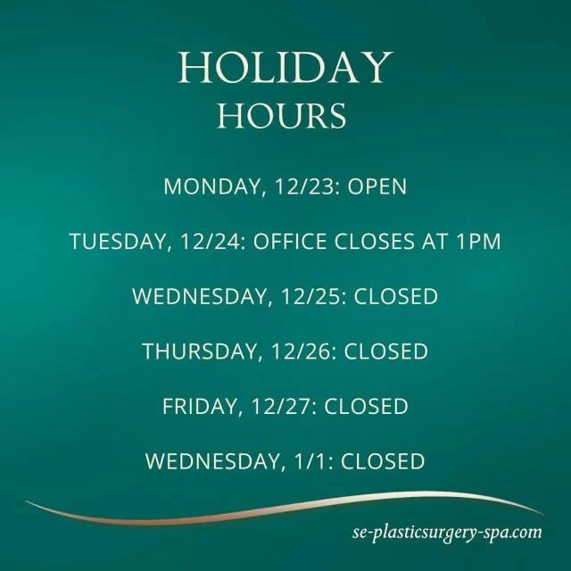 HOLIDAY HOURS: 

❄️ Monday, 12/23: OPEN
❄️ Tuesday, 12/24: OFFICE CLOSES AT 1PM
❄️ Wednesday, 12/25: CLOSED
❄️ Thursday, 12/26: CLOSED
❄️ Friday, 12/27: CLOSED
❄️ Wednesday, 1/1: CLOSED

We will be back to regular business hours beginning January 2nd ✨