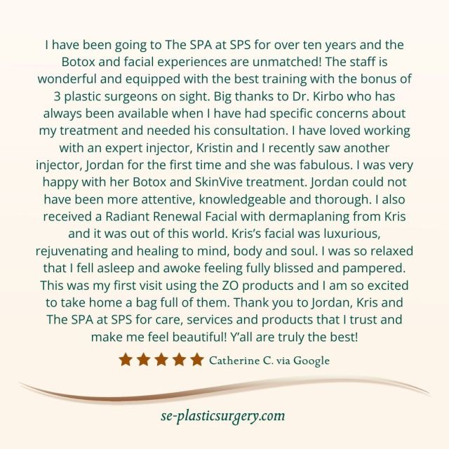 We love hearing from our patients! Catherine’s experience highlights the exceptional care, expertise, and rejuvenating treatments provided by our team at The SPA at SPS. From luxurious facials to injectables like Botox and SkinVive, our expert providers are here to help you look and feel your best. 

#southeasternplasticsurgery #floridamedspa #tallahasseemedspa #plasticsurgerytallahassee #expertisematters