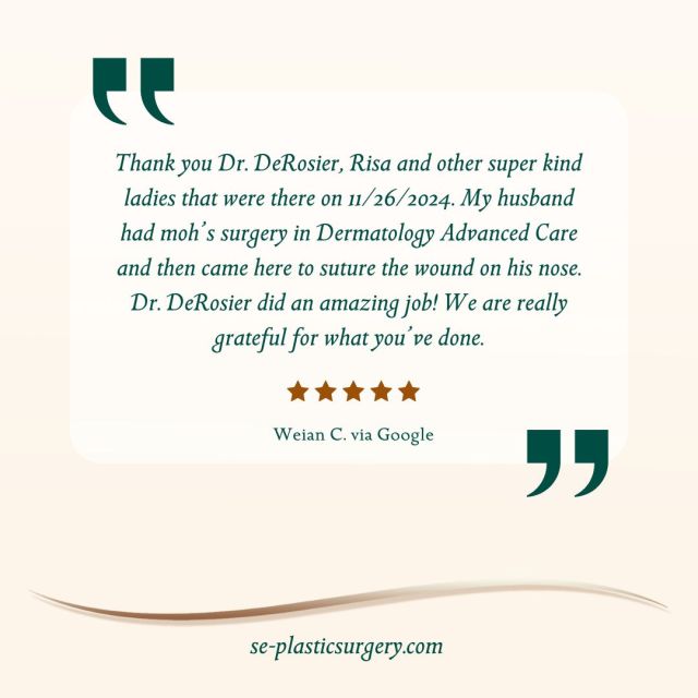 Exceptional care, outstanding results. 🌟 Dr. DeRosier and his team strive to provide unparalleled expertise and compassion to every patient. Thank you, Weian, for trusting us with your care and for sharing your kind words.

#expertisematters #patientcare #exceptionalcare #plasticsurgeryflorida #plasticsurgerytallahassee #southeasternplasticsurgery #woundcarespecialist