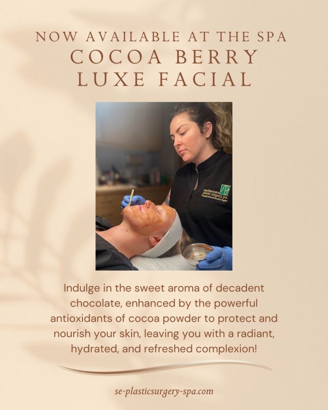 Indulge in the sweet aroma of decadent chocolate, enhanced by the powerful antioxidants of cocoa powder to protect and nourish your skin, leaving you with a radiant, hydrated, and refreshed complexion!

Now through March 31st, 2025 (while supply lasts), you can experience the benefits of chocolate for yourself with our Cocoa Berry Luxe Facial at the SPA at Southeastern Plastic Surgery.

Pamper yourself or someone you love! ❤️ Call our office at 850.219.2000 to schedule your appointment.

#circadiaskincare #chocolateberry #glowingskin #skingoals #valentinesdayskincare #facialtreatments #radiantskincare #tallahasseespa