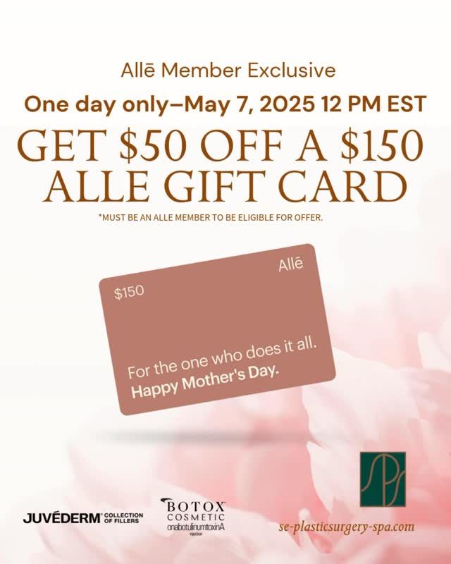 Did somebody say “save”? Join Allē now to get $50 off a $150 gift card on May 7th only. Use it on treatments like the JUVÉDERM® Collection of Fillers or BOTOX® Cosmetic. 🌸 Whether you’re treating yourself or someone special, this is the perfect way to save on your favorite aesthetic treatments.

Visit the link in bio to join Allē today so you can take advantage of this special offer and call our office at 850.219.2000 to book your consultation.