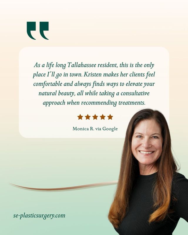 We are grateful for the trust our patients place in us. Thank you, Monica, for your kind words about your experience with Kristen and our team. At Southeastern Plastic Surgery, we believe in a personalized approach, helping you feel comfortable, confident, and naturally beautiful in your own skin.

To schedule an appointment with one of our expert injectors, call our office at 850.219.2000.