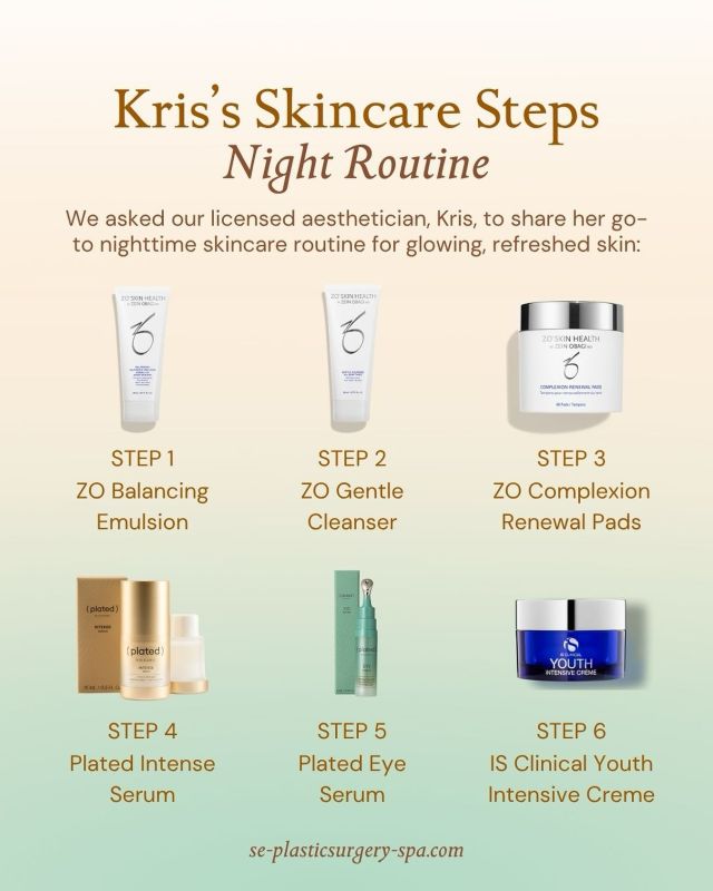 We asked one of our licensed aestheticians, Kris, to share her go-to nighttime skincare routine, and it’s packed with expert-approved steps to nourish, hydrate, and renew while you sleep.

From gentle cleansing to advanced serums and rich moisture, these six steps are the secret to waking up with refreshed, radiant skin. 🧖‍♀️

Save this routine for your next restock, and let your skin soak in the benefits overnight.

Ready for a personalized skincare plan? Call us at 850.219.2000 to schedule a consultation with one of our expert aestheticians.