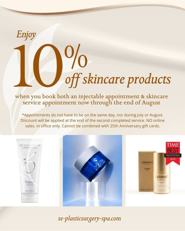 Better skin and savings start here.

Now through the end of August, enjoy 10% off skincare products when you book both an injectable appointment and a skincare service with us.

✨ No need to schedule both appointments on the same day
✨ Discount applies after your second completed service
✨ In-office product purchases only

It’s the perfect time to invest in your skin and get rewarded for it.

📞 Call us at 850.219.2000 to book your appointments and take advantage of this limited-time offer.

*Cannot be combined with 25th Anniversary gift cards.