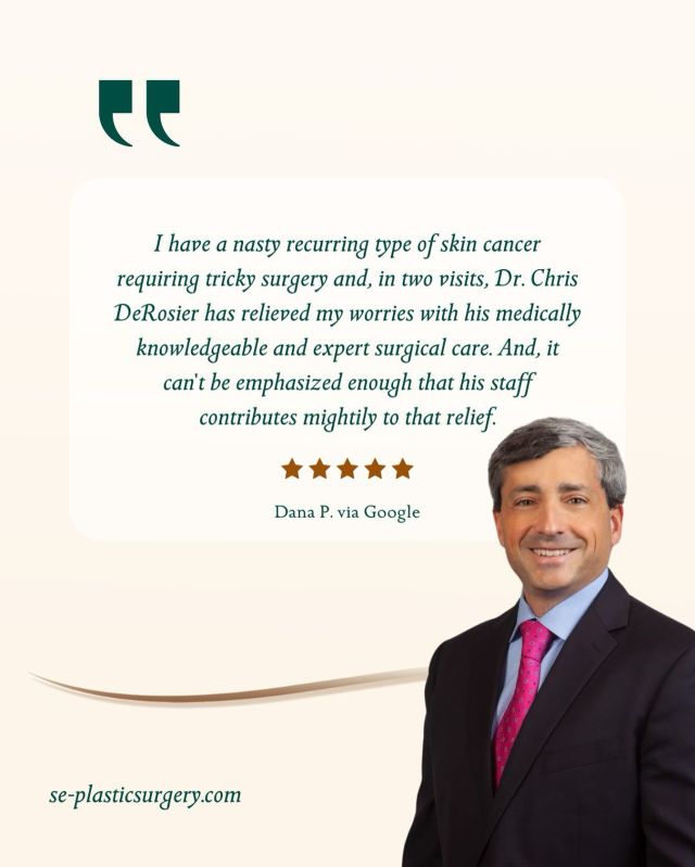 When it comes to complex skin cancer cases, experience matters.

Dr. Chris DeRosier is known for his precision, calm reassurance, and exceptional surgical skill. As this patient shared, it’s not just the results that matter, it’s the peace of mind that comes with being in expert hands.

We’re proud to offer advanced reconstructive and skin cancer care backed by a team that truly cares.

📞 Call 850.219.2000 to schedule your consultation or visit se-plasticsurgery.com to learn more.