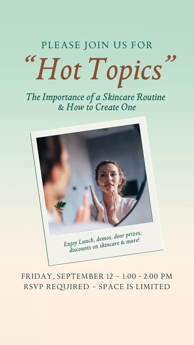The countdown is on to our Hot Topics event! ✨

Join us Friday, September 12, from 1–2 PM as we dive into the importance of a consistent skincare routine and how to build one that delivers results.
You’ll enjoy lunch, live demos, door prizes, and exclusive discounts on skincare products, all while learning from our expert team.

📅 Space is limited and RSVP is required.

📞 Call us at 850-219-2000 or use the link in our bio to secure your spot today.

#expertisematters #southeasternplasticsurgery #tallahasseemedspa