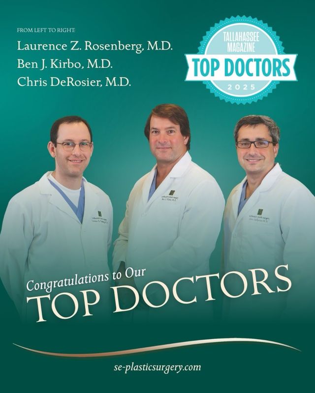 ⭐️ Congratulations to Our Top Doctors! ⭐️
 
As the region’s premier choice for cosmetic and reconstructive surgery, Southeastern Plastic Surgery, P.A. is excited to announce our Top Doctors – Ben J. Kirbo, M.D., Laurence Z. Rosenberg, M.D. and Chris DeRosier, M.D.!
 
Tallahassee Magazine and Emerald Coast Magazine, in partnership with Professional Research Services (PRS), conducted an exclusive peer-review survey to identify the regions Top Doctors for 2025.
 
The survey was open to all practicing and active doctors in the northwest region of Florida, known as The Florida Panhandle. Please note that office staff, patients, and family members are not eligible to participate.