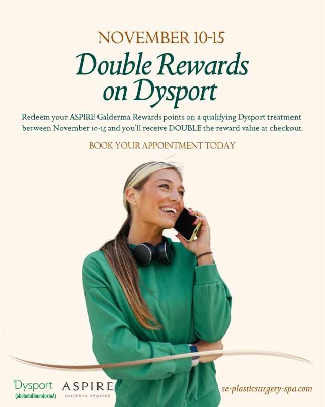 TODAY is the beginning of the BEST WEEK EVER!✨
💥Double rewards on Dysport November 10-15. 💥

Redeem your ASPIRE Galderma Rewards points on a qualifying Dysport treatment between November 10-15 and you’ll receive DOUBLE the reward value at checkout.* 
Request a consultation online or call 850-409-6353 to book your Dysport appointment today!

LEARN MORE ABOUT DISPORT at LINK in BIO 

#ExpertiseMatters 
#theSPAatSPS 
#dysportinjection 
#doublerewards 

Dysport® (abobotulinumtoxinA) is a prescription injection for temporary improvement in the look of moderate to severe frown lines between the eyebrows (glabellar lines) in adults less than 65 years of age.
*Terms and conditions apply.
