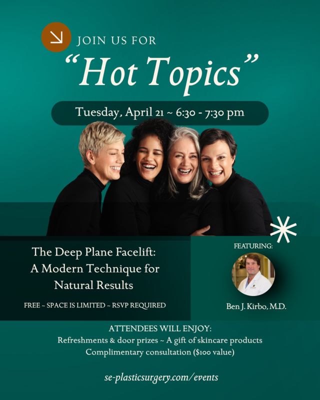 Have you been curious about facelifts but still wanna look like yourself 🤔

Then our Hot Topics event is where you wanna be!

On Tuesday, April 21st, from 6:30pm - 7:30pm, Dr. Kirbo breaks down the Deep Plane Facelift and how it delivers natural, refreshed results.

Come for the insight, stay for the perks:
✨ Complimentary consultation ($100 value)
✨ Skincare gifts + refreshments

Spots are limited — RSVP required, don’t wait! Head up to our stories for the link ⬆️