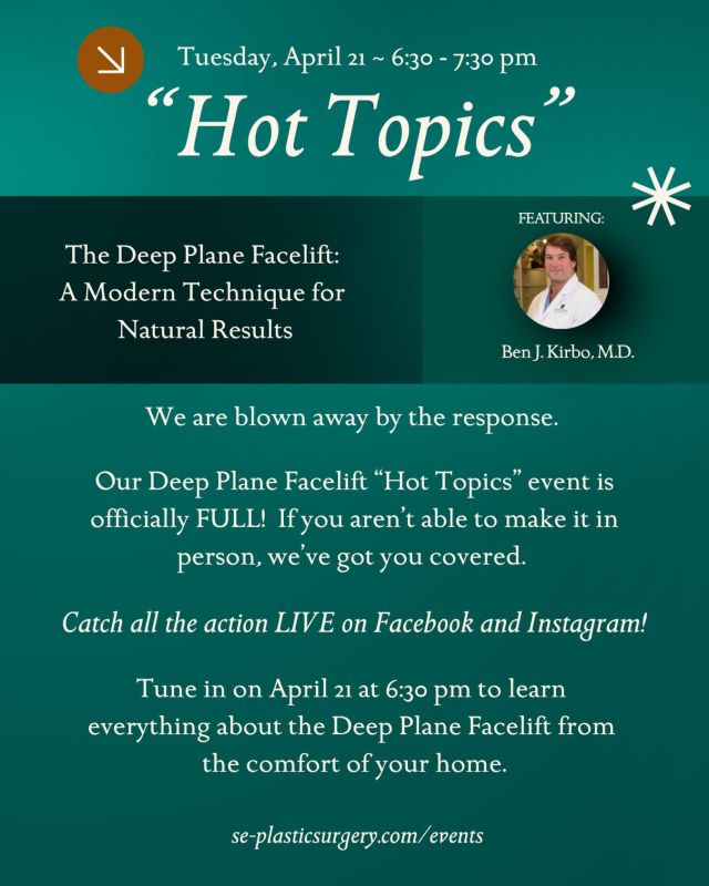 OUR RSVP’S ARE FULL and we couldn’t be happier 🥹 We really appreciate you all 🎉 

Our “Hot Topics” Deep Plain Facelift event with Dr. Ben Kirbo is at capacity, but don’t worry you can still catch all the info on our livestream. Tune in April 21st at 6:30 PM via Instagram or Facebook and learn everything in your comfy’s💚